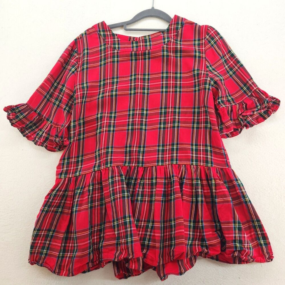 LaRoque Red Plaid Ruffle Peplum Blouse Size M Feminine Top Short Sleeve Casual